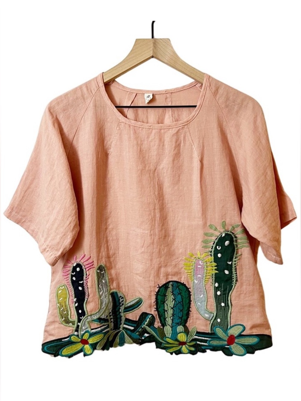 Boutique Linen Embroidered Cactus Lagenlook Top Medium